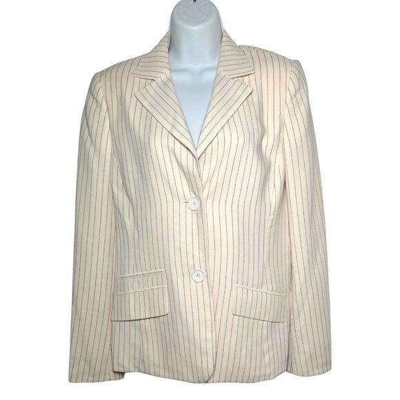 Akris Wool Blend Pinstripe 2-Button Blazer Ivory Cream Black Classic Size 10 - Picture 6 of 16